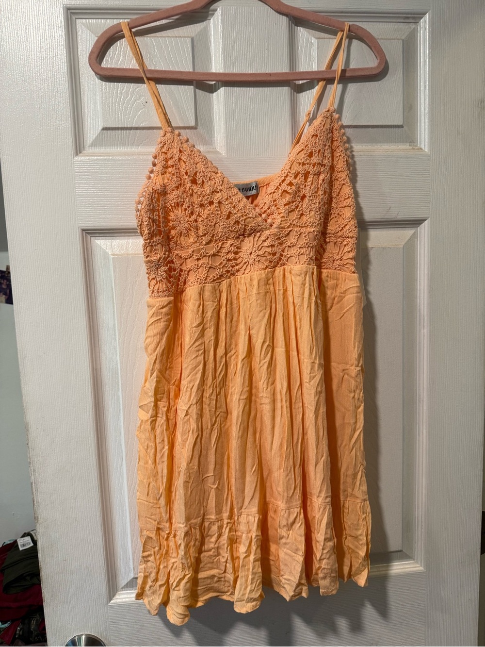 Almost Famous Peach Crochet-Top Spaghetti Strap Dress